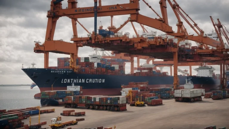 containers being loaded onto a large cargo ship at a bustling commercial port.