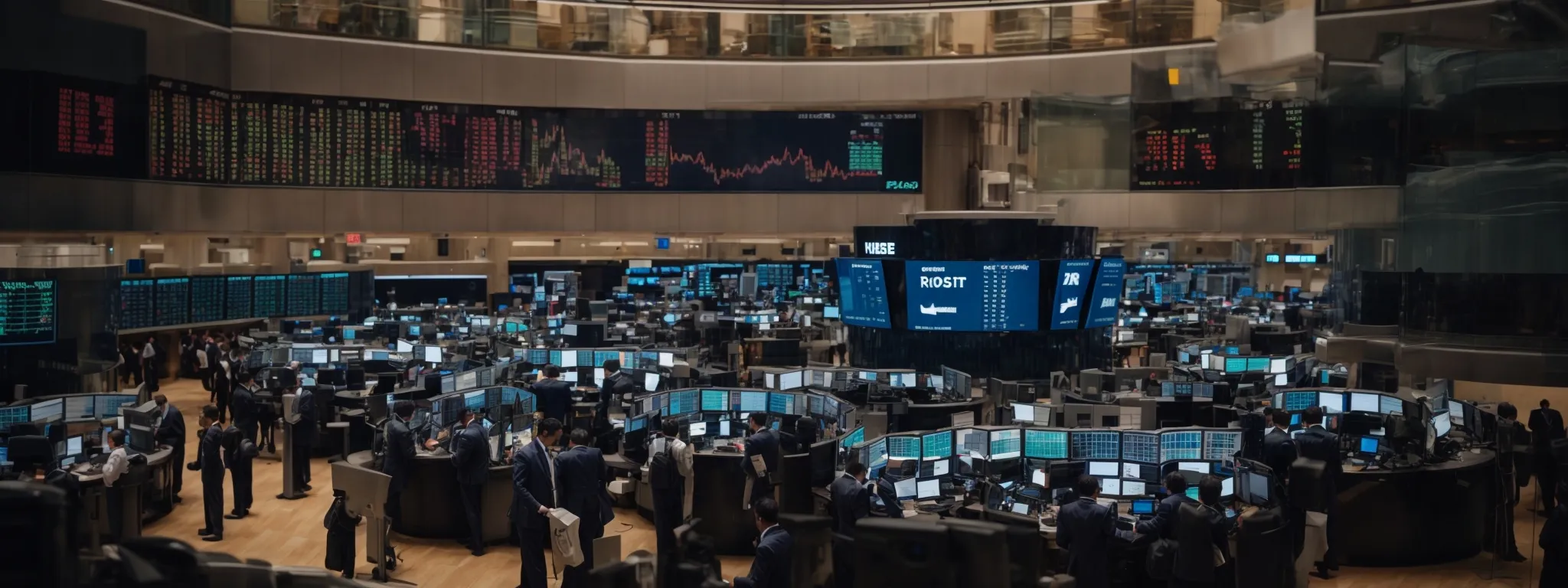 a vast, bustling global stock exchange floor, with traders intently monitoring screens showing fluctuating market data.