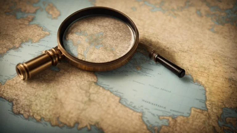 a magnifying glass over a global map with uneven scales of justice beside it, symbolizing the scrutiny in international arbitration between lawful and unlawful expropriation.