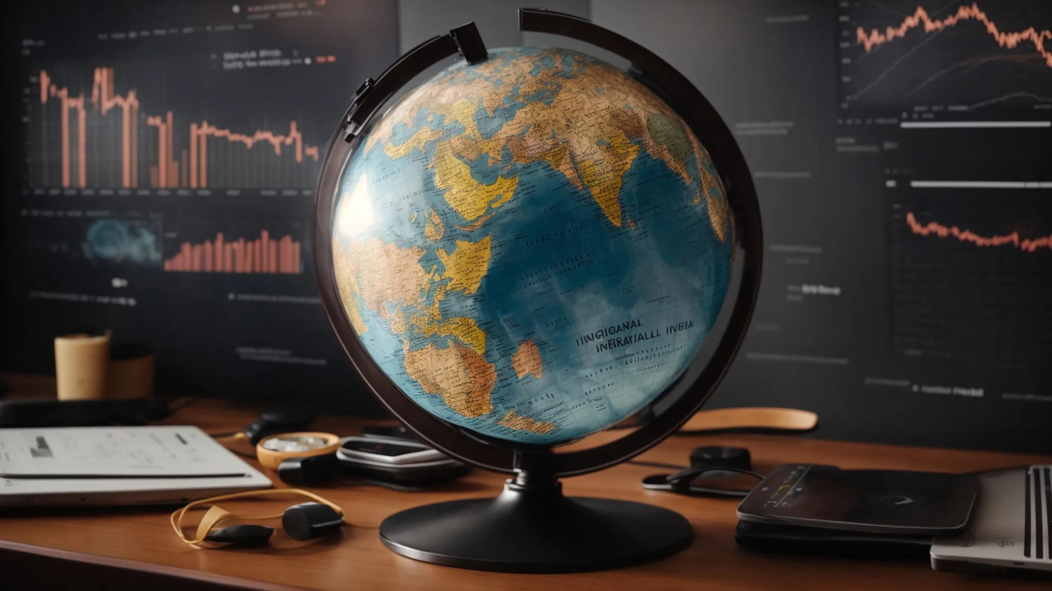 a globe centered on a table surrounded by digital tablets displaying graphs and maps, highlighting international connections.