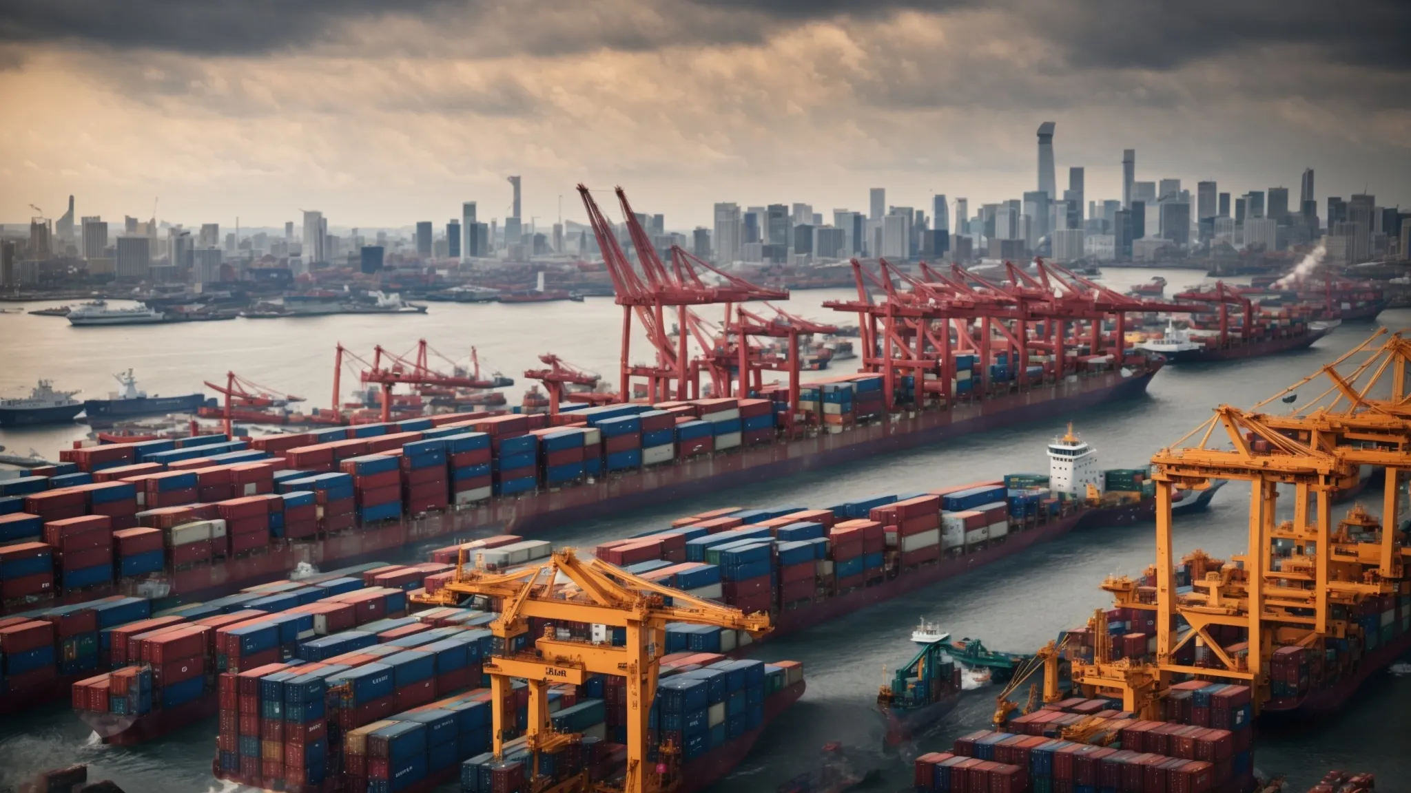 a panoramic view of a bustling seaport with cargo ships and cranes against a backdrop of the city skyline, symbolizing global trade.