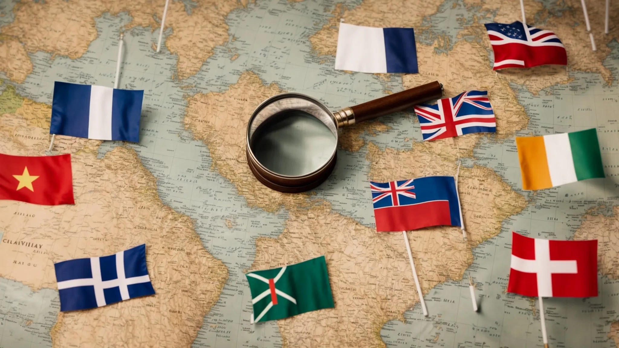 a global map surrounded by multiple flags from different countries, with a magnifying glass focusing on one area.