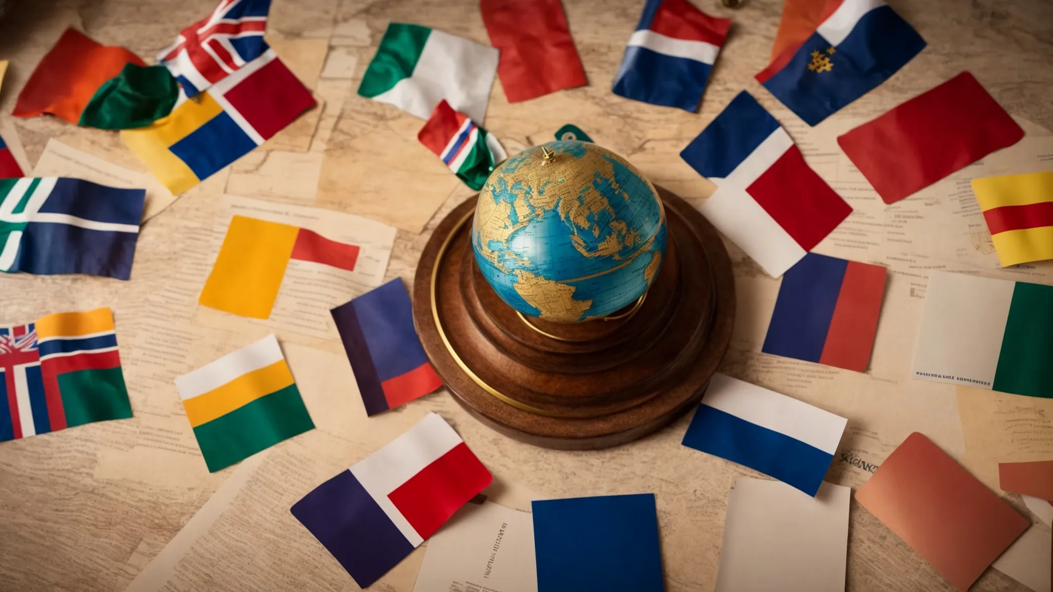 a globe surrounded by various international flags, with legal documents and a compass laid out on a table, symbolizing global trade regulations and strategic planning.