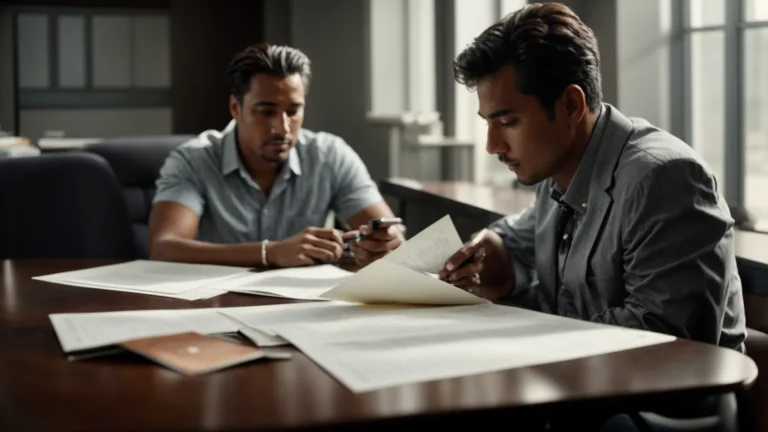 two professionals sitting at a table, engaging in a focused discussion with open legal documents between them.