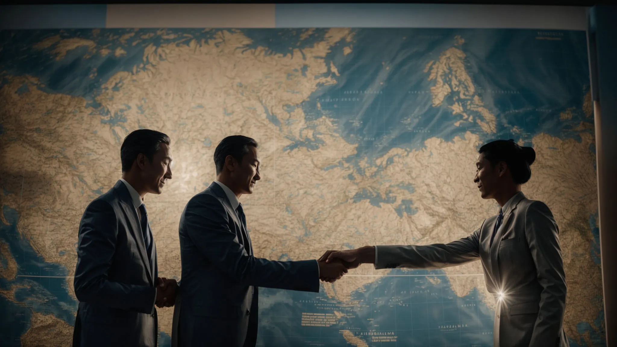 two professionals shaking hands in front of a world map illuminated in the background, symbolizing global cooperation.