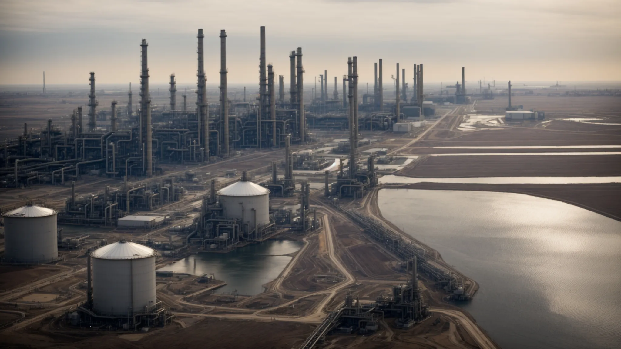 a sprawling oil refinery with dormant smokestacks sits silently amid wind turbines dotting the horizon.