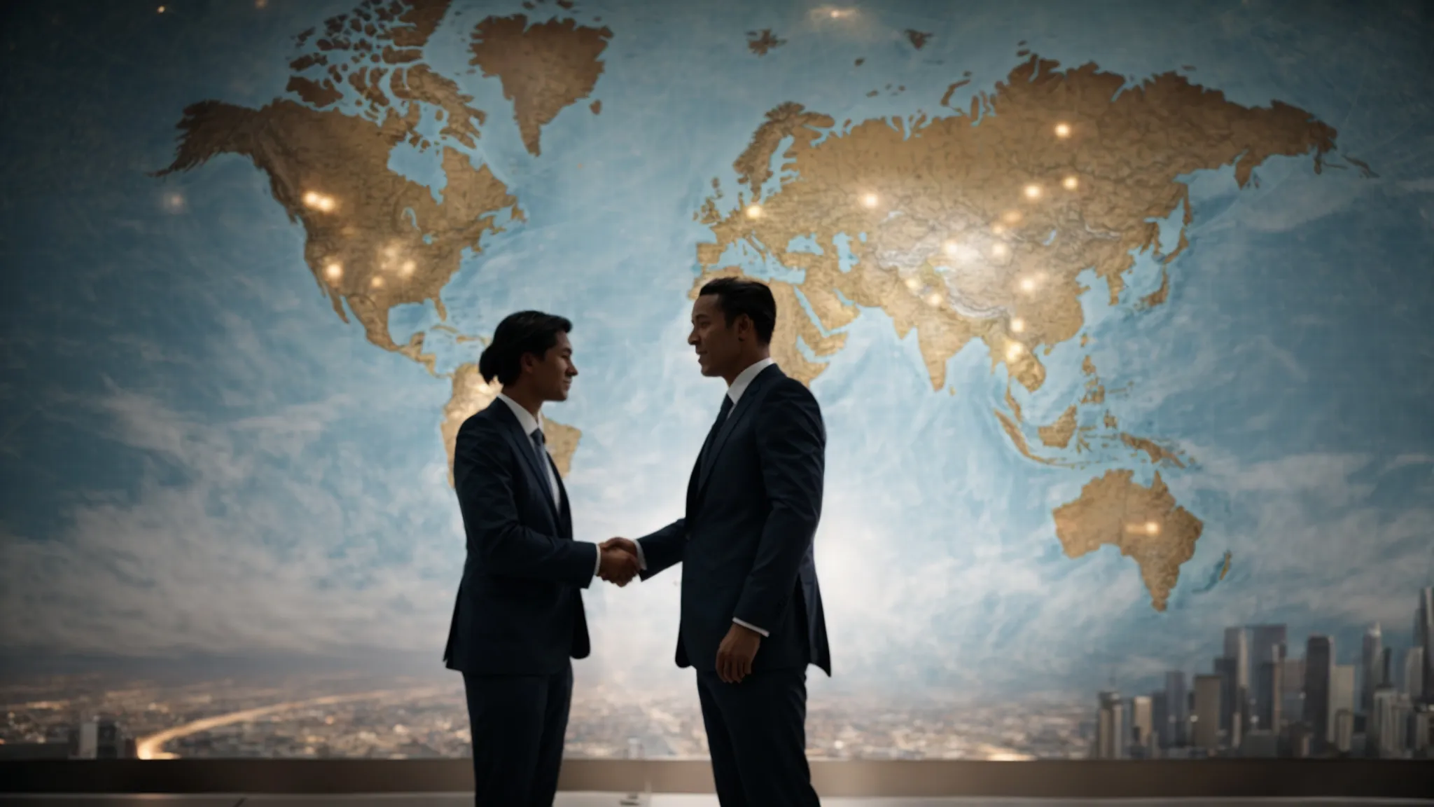 two corporate professionals shaking hands in front of a world map illuminated in the background.
