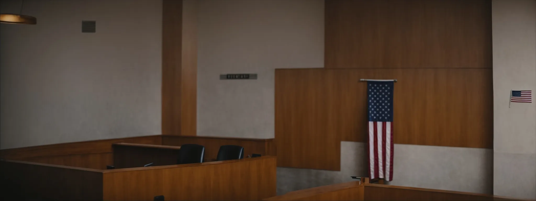 two flags from different countries hang side by side in a solemn, well-lit courtroom.