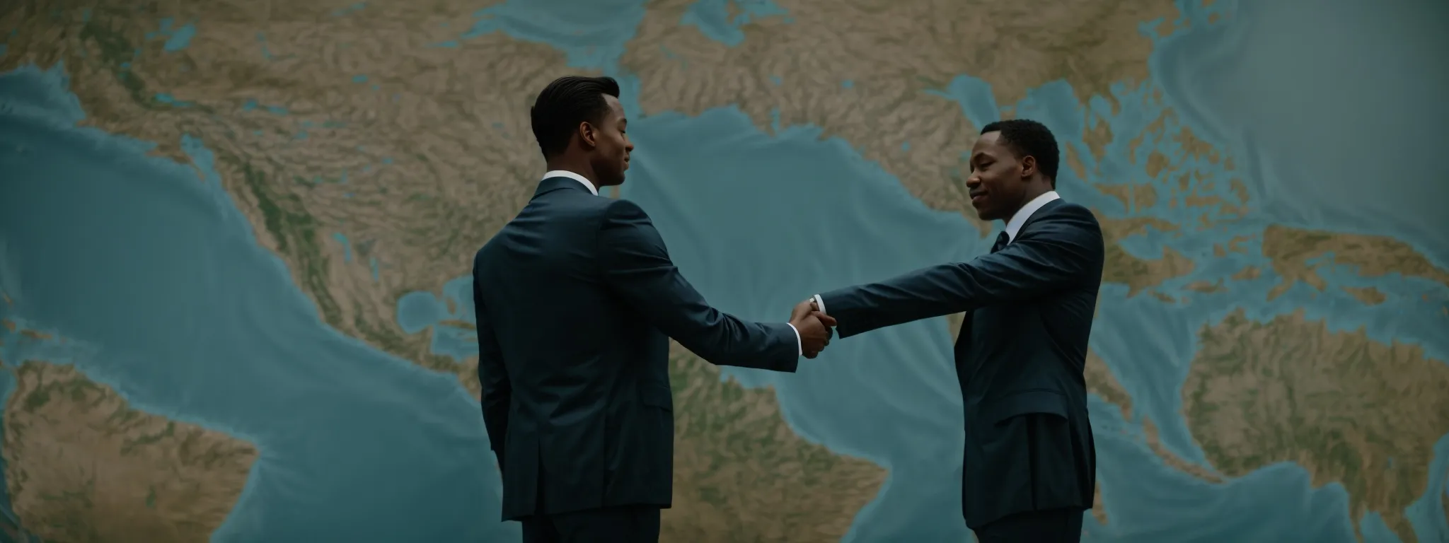 two individuals in suits shaking hands in front of a world map, symbolizing international arbitration.