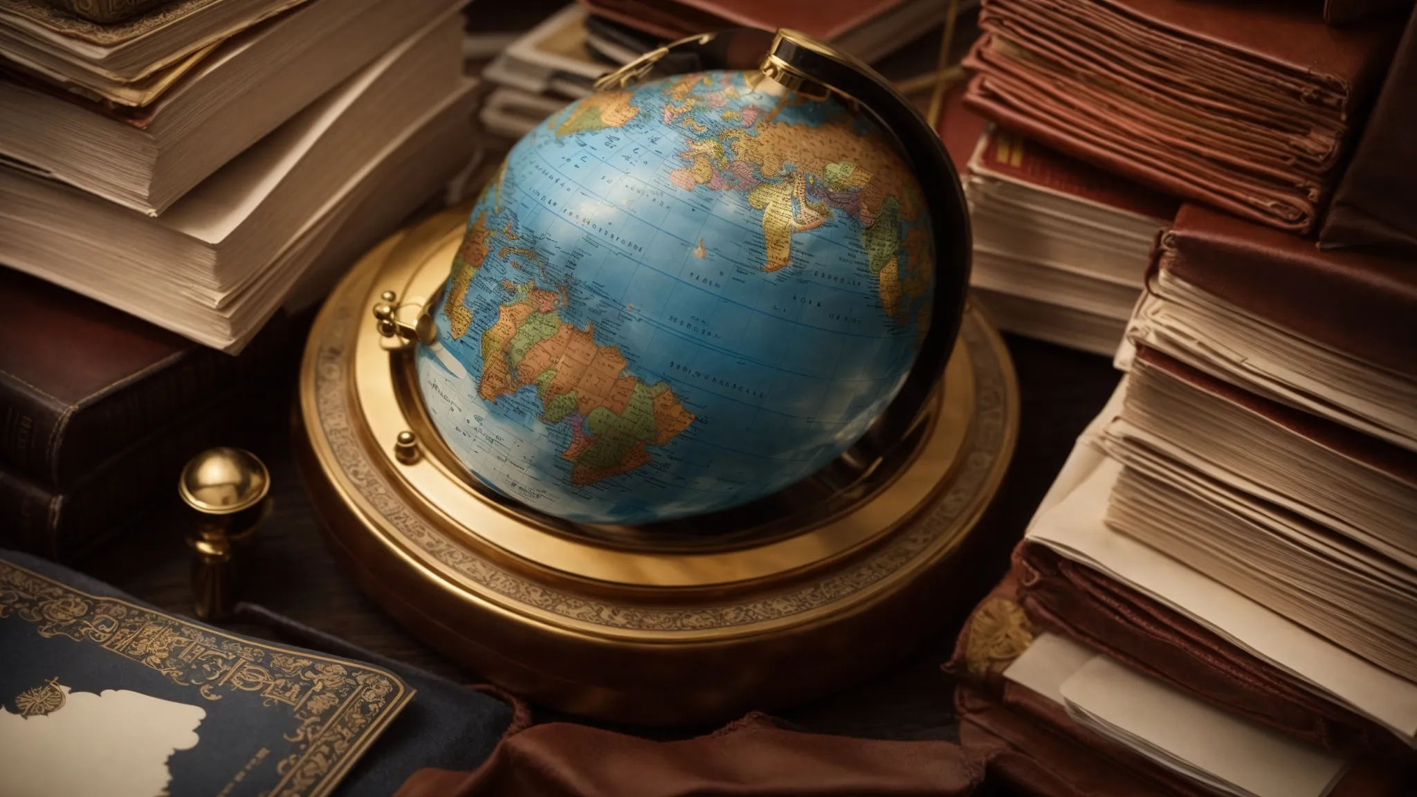 a globe surrounded by legal books and a compass, symbolizing global trade expertise.