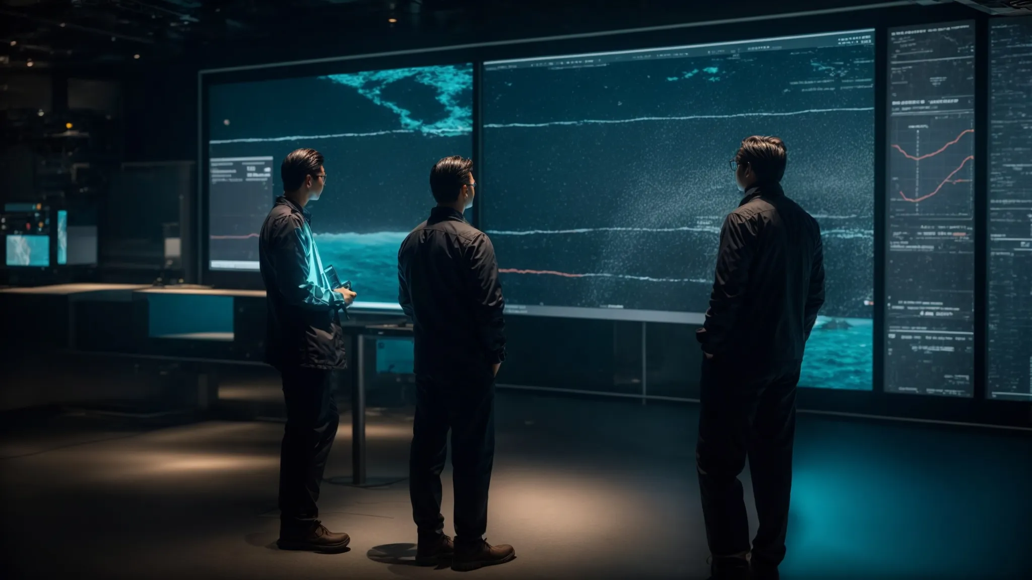 two engineers observe a large, high-tech digital screen displaying seismic data for oil exploration beneath the ocean floor.