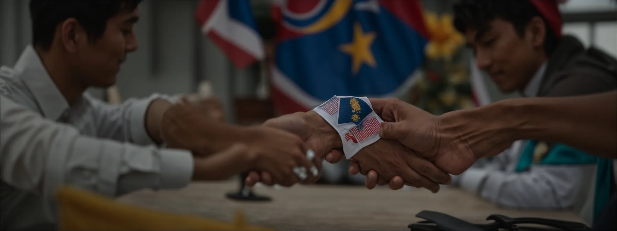 two representatives from different countries shake hands across a table with a globe and flags in the background.