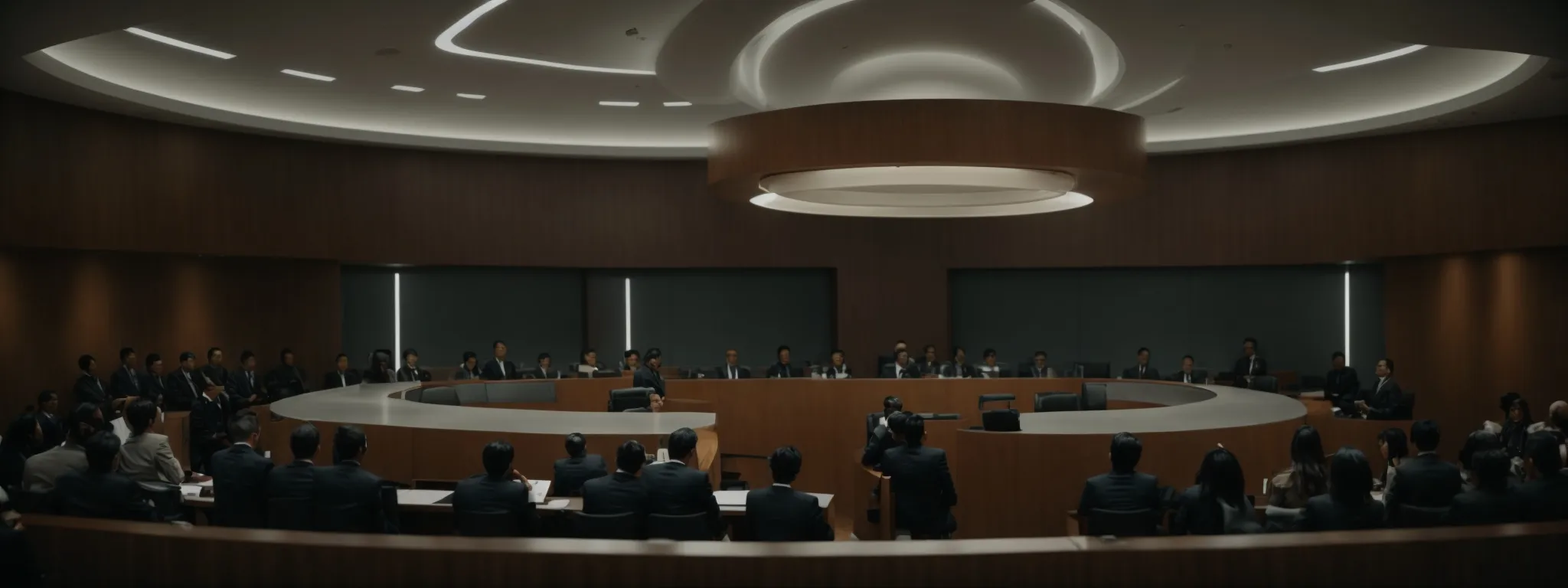 a sleek, futuristic courtroom with a large, digital globe at its center, illuminating faces of diverse individuals seated in a semi-circle.