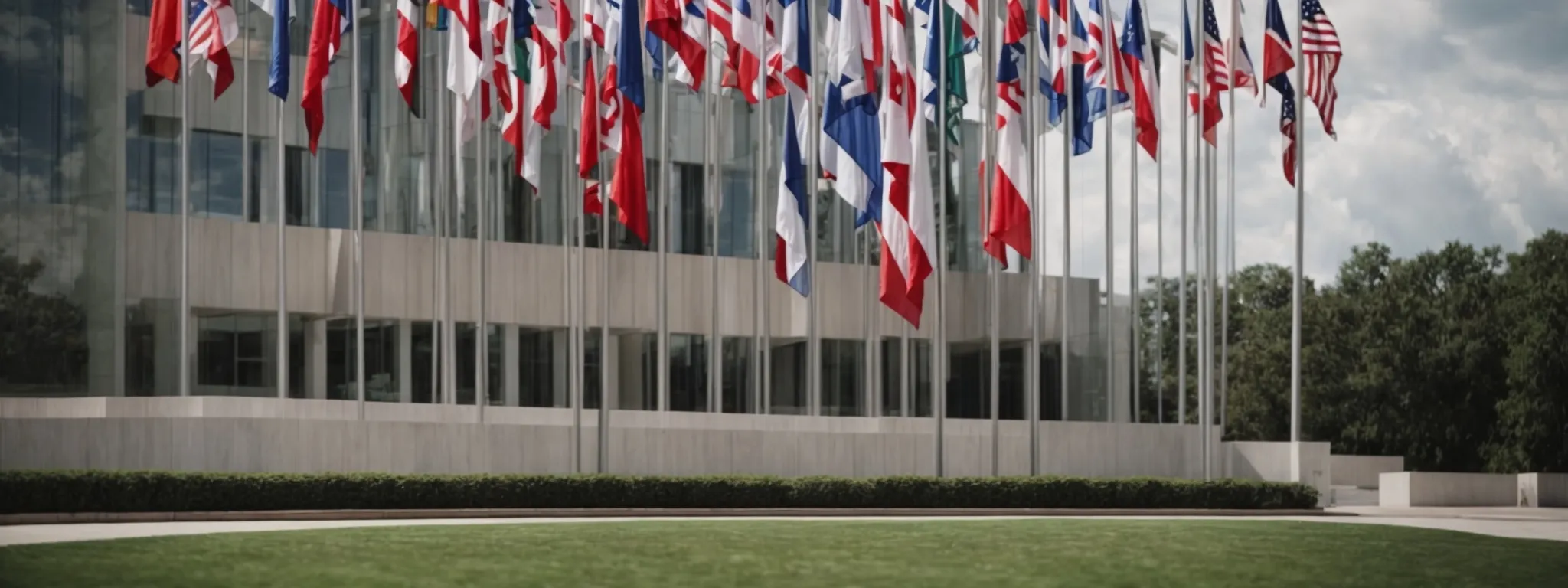 a grand, modern courthouse with international flags lining the entrance.
