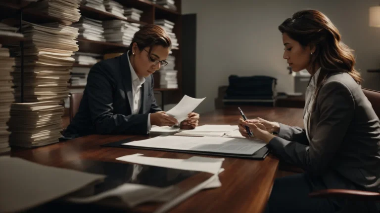 two professionals sit across a table, surrounded by legal documents, engaged in a focused discussion.