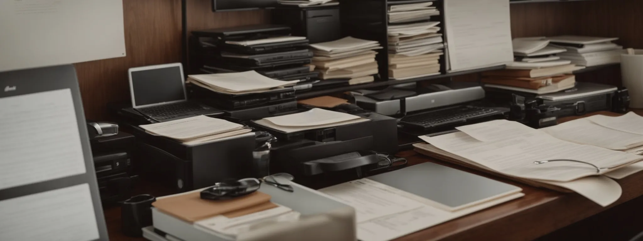 a neatly arranged desk with stacks of organized documents and a computer, ready for a day of detailed work on international legal cases.