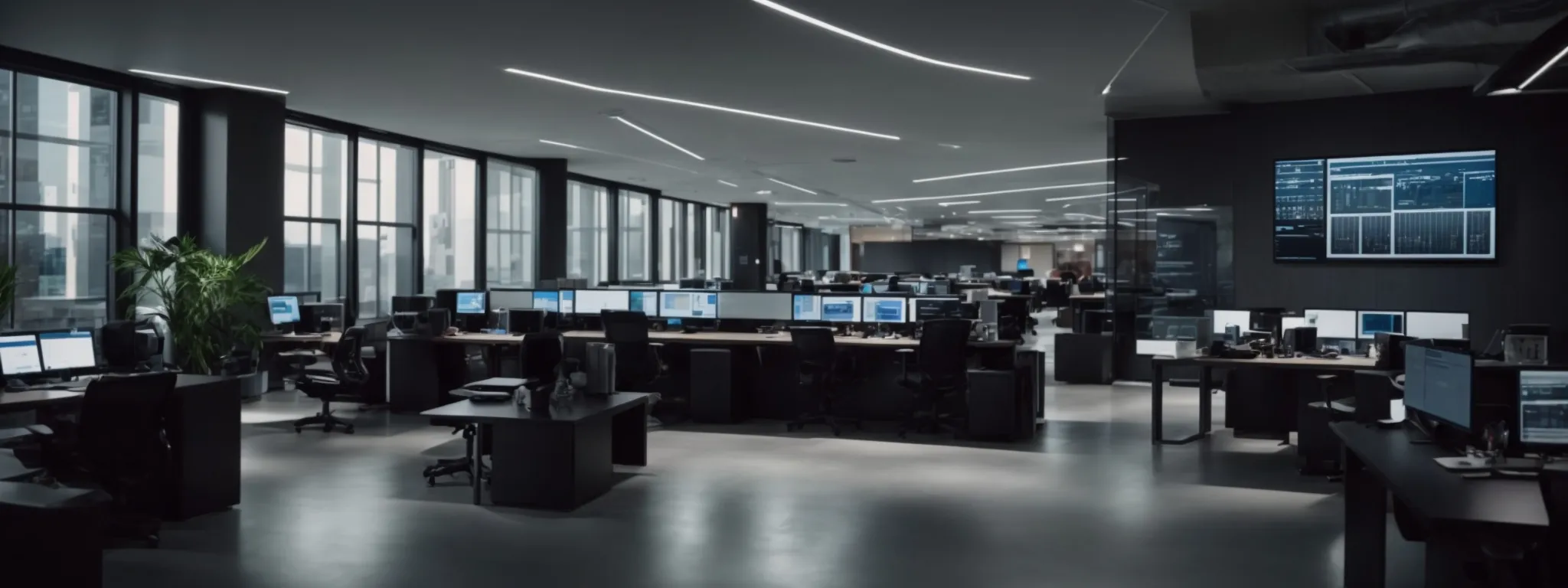 a sleek modern office filled with computer screens displaying various application interfaces.