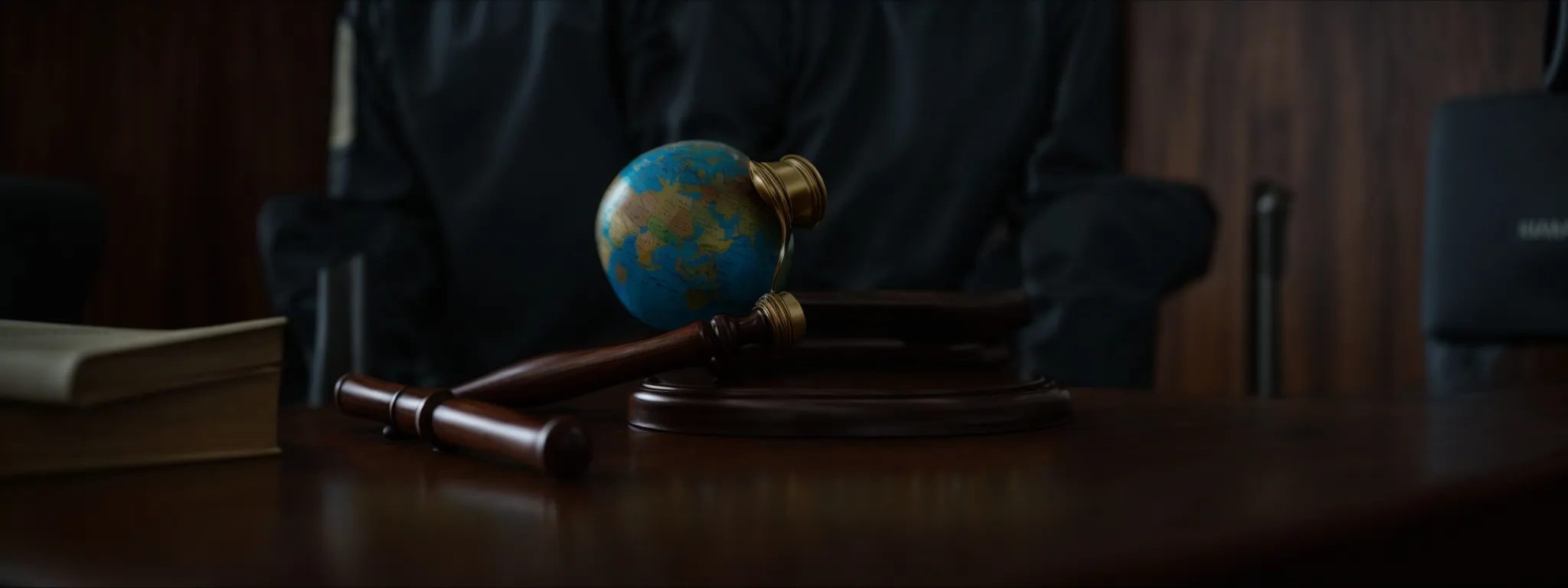 a judge’s gavel rests beside a globe on a wooden desk, encapsulating the essence of global dispute resolution mechanisms.