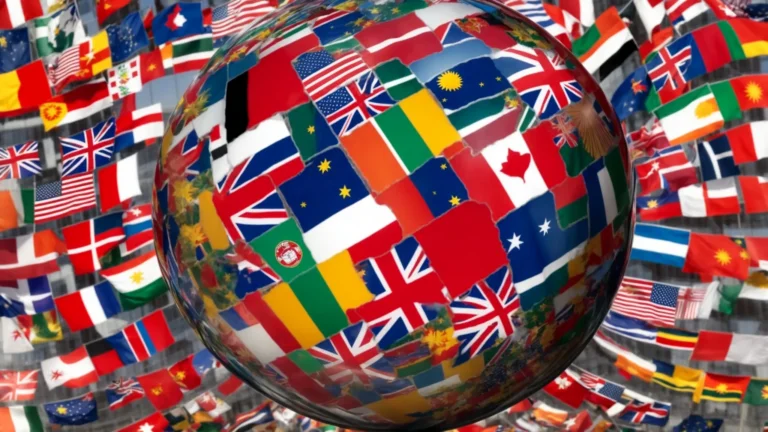 a globe surrounded by multinational flags stands on a financial report, highlighting various countries' market trends.