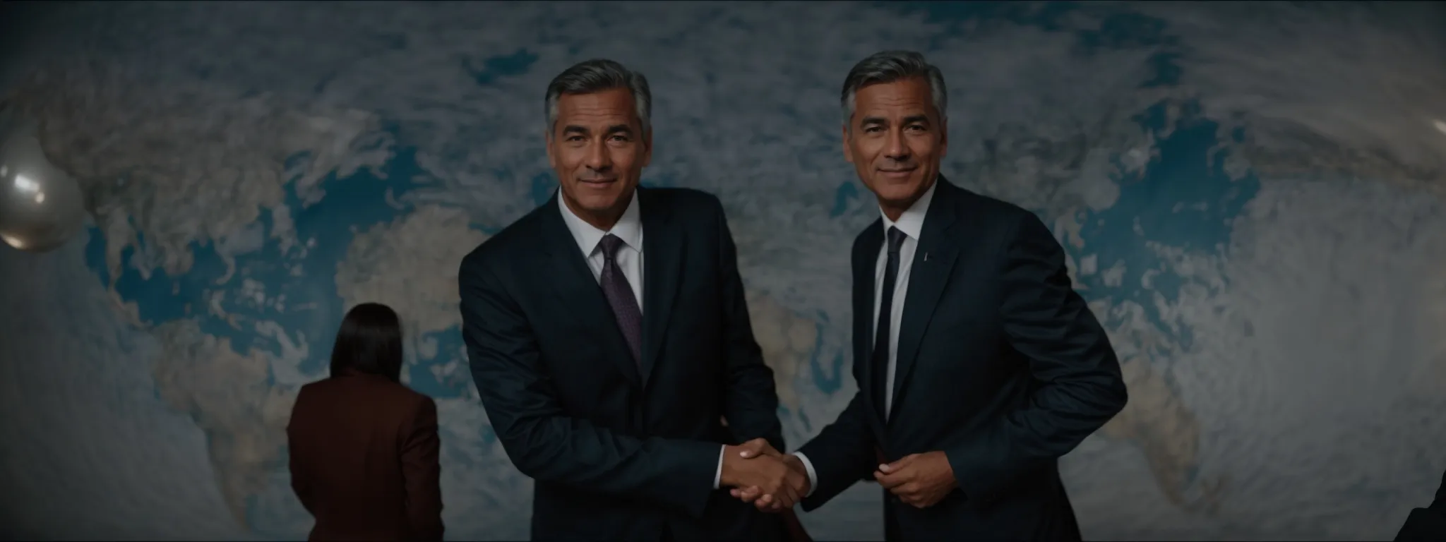 two business professionals shaking hands in front of a globe, symbolizing an international agreement.