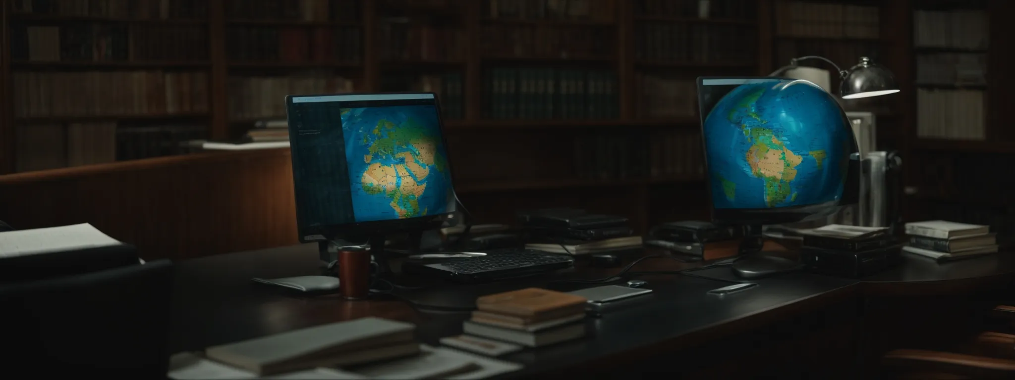 a globe surrounded by legal books and a computer, representing a company's global compliance efforts.