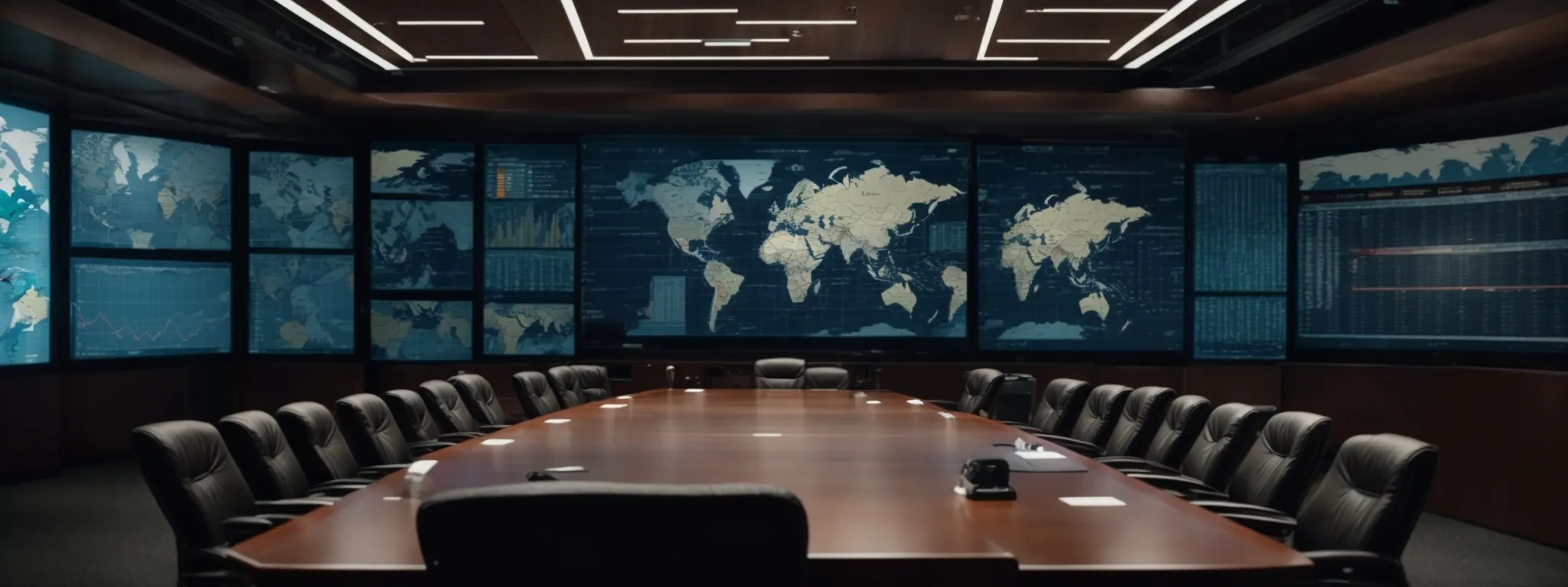 a vast boardroom with an intricate world map on the wall and multiple digital screens displaying global financial markets.