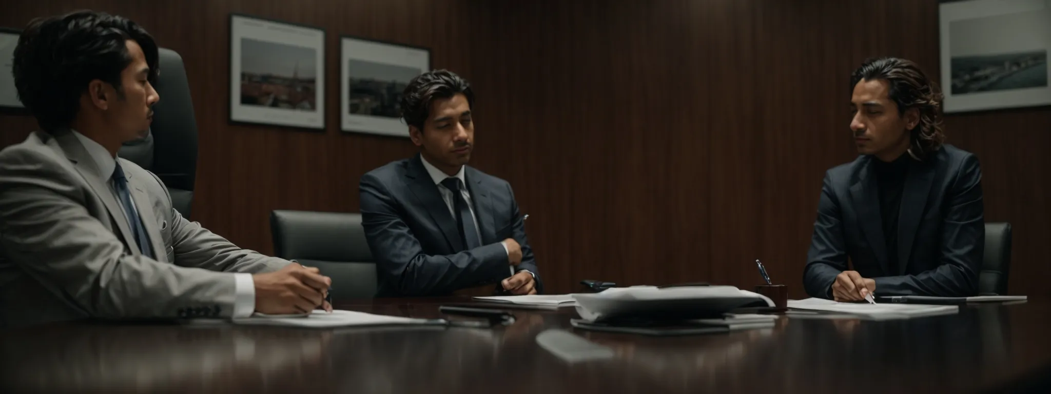two corporate professionals sit across a sleek conference table, deeply engrossed in a discussion with an open legal document between them.