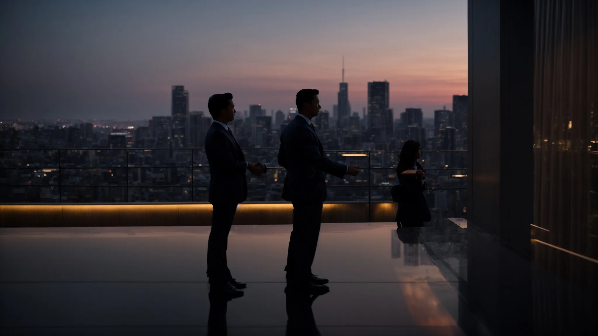 Two business professionals silhouetted against a city skyline at dusk, emphasizing themes of innovation and employee empowerment in the recruitment sector.