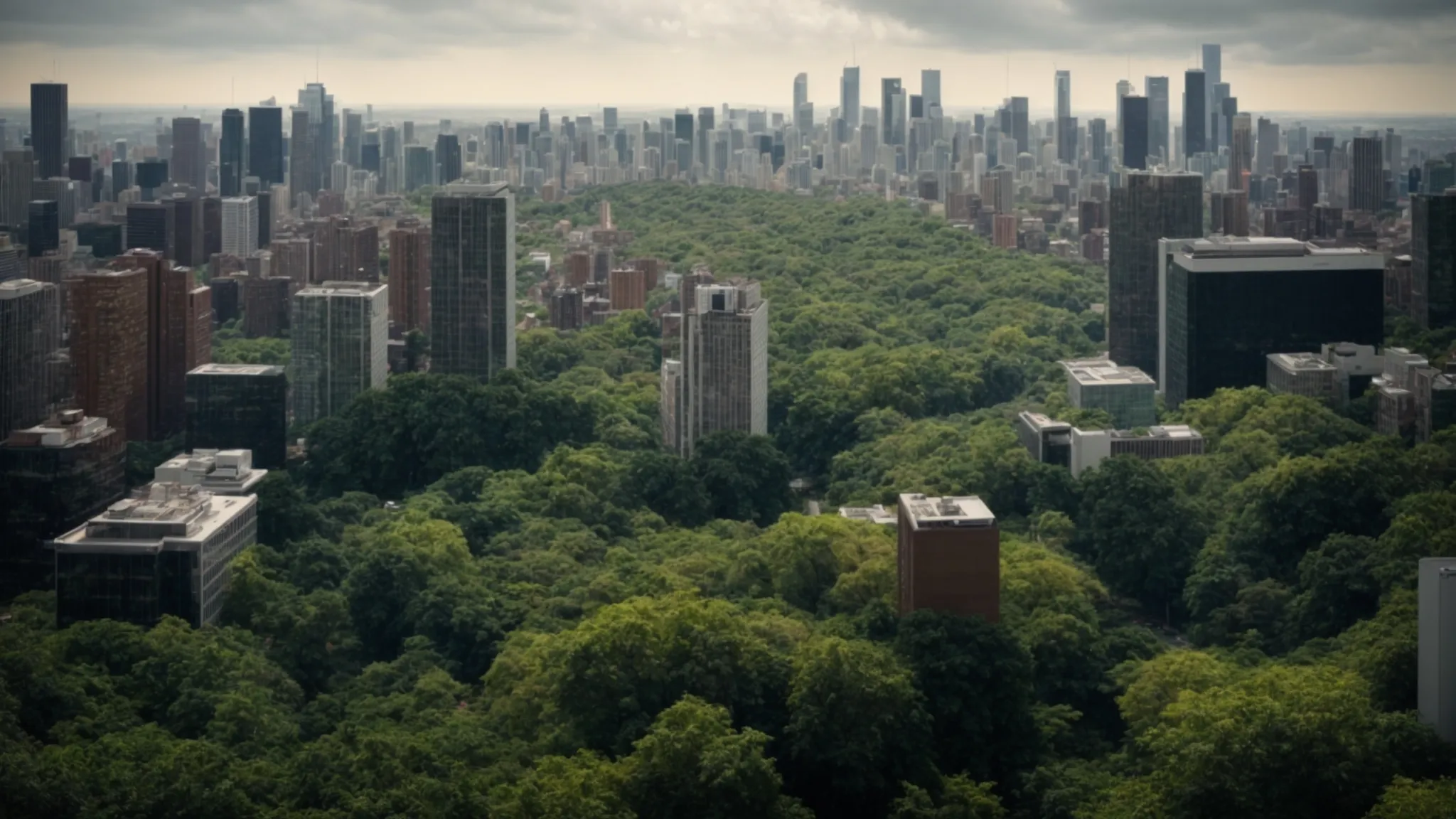 Panoramic view of a dense urban corporate skyline juxtaposed with lush green parkland, reflecting the contrast between business and nature amidst evolving legal landscapes.