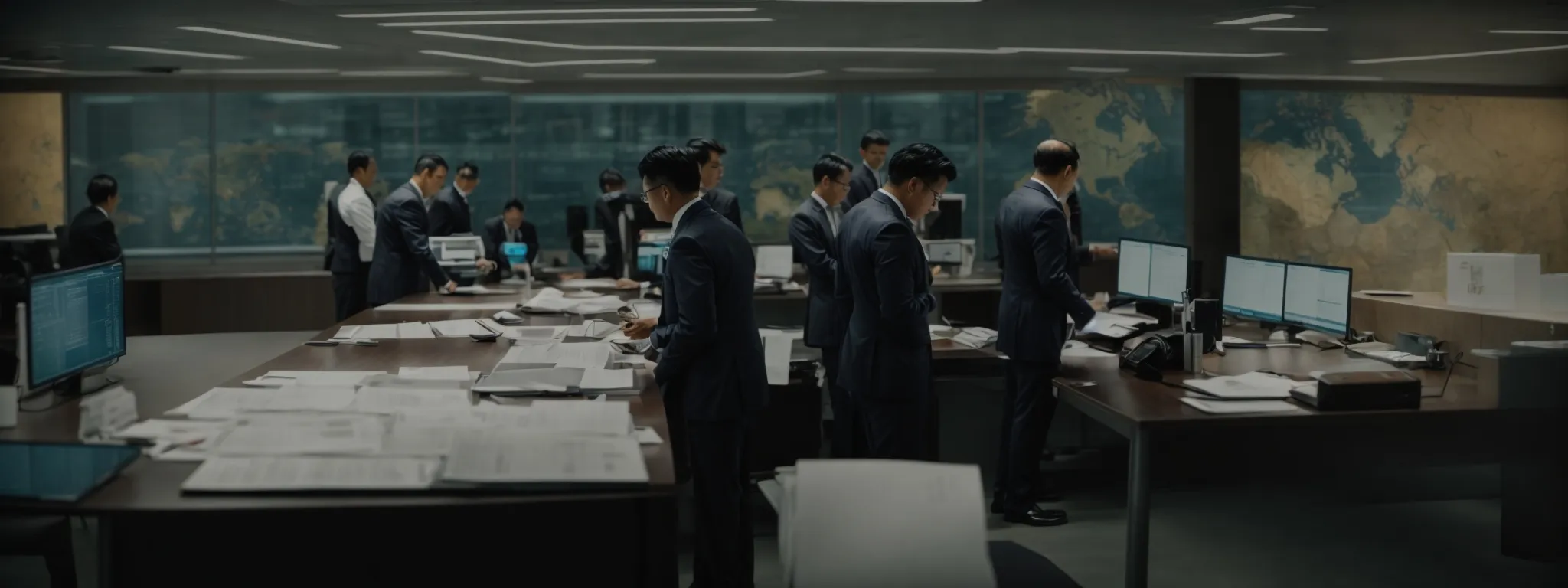 officials gather around a large table, reviewing and discussing stacks of documents and digital displays showing global trade maps.