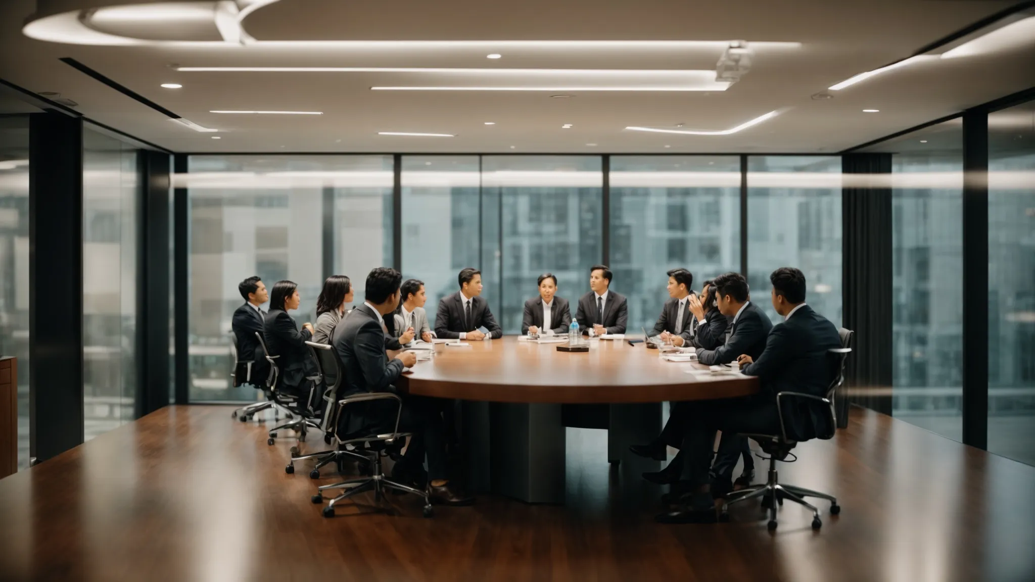 Group of business professionals in suits engaged in discussion around a large conference table, reflecting on employment contract implications following FTC's ruling on non-compete clauses.