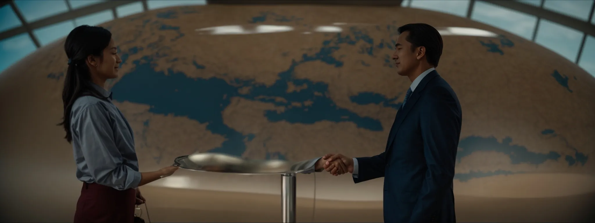 two business professionals shaking hands in front of a globe, symbolizing international investment agreements.