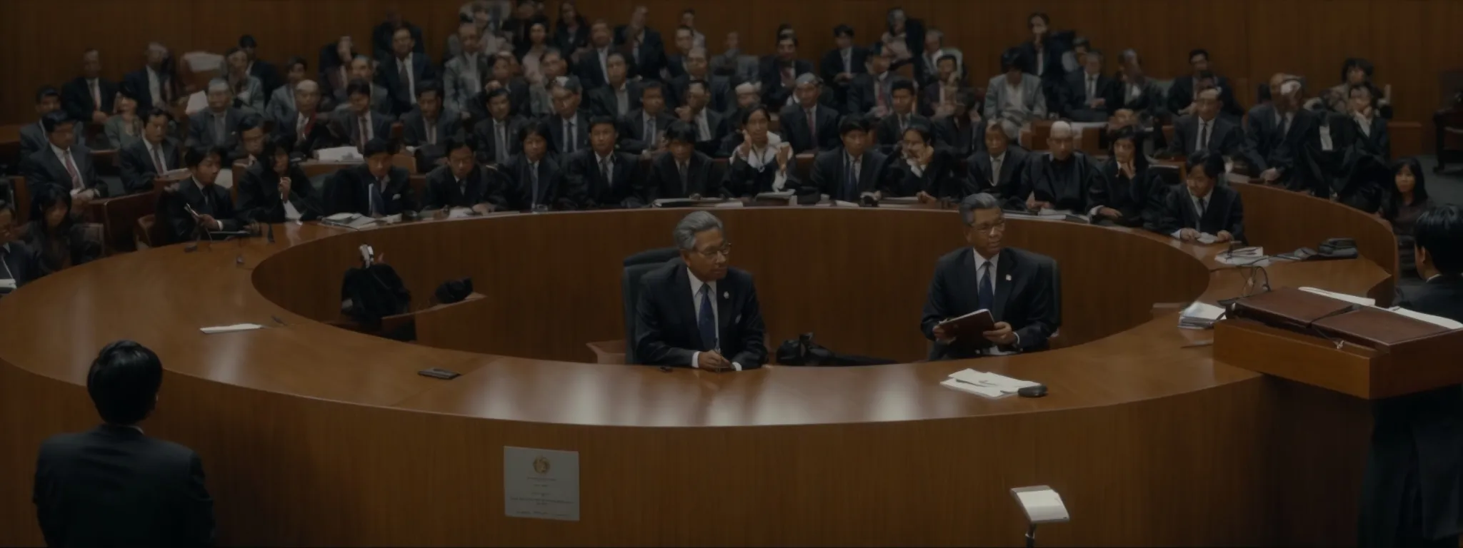 a grand, modern courtroom filled with representatives from various countries seated around a large circular table, focusing intently on a central speaking podium.