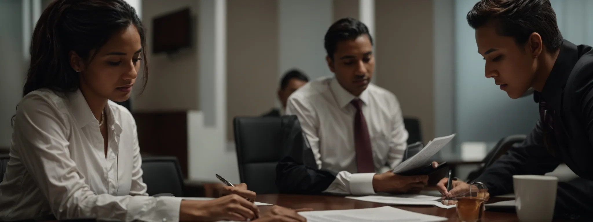 two corporate professionals engaging in a focused discussion over a legal document on a sleek conference table.