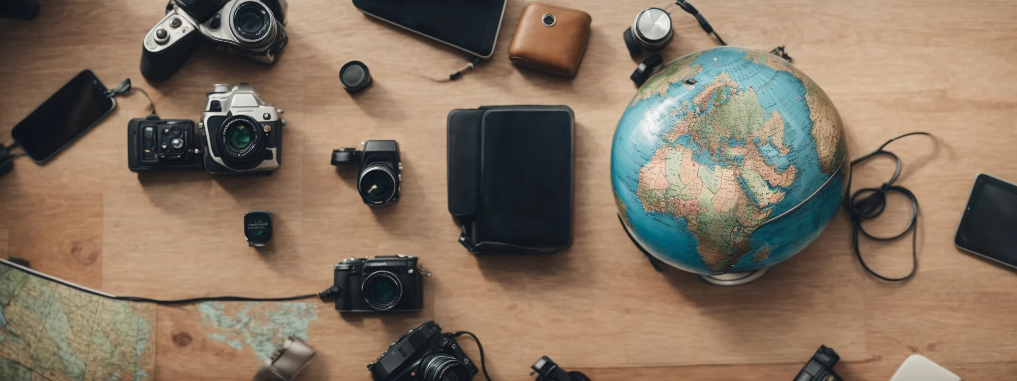 a globe surrounded by various digital devices on a map, symbolizing international trade and technology.