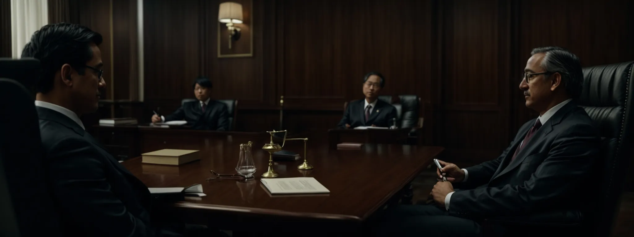 two lawyers or diplomats sit across a small table in negotiations, with a gavel and legal books in the background, symbolizing international investment arbitration.
