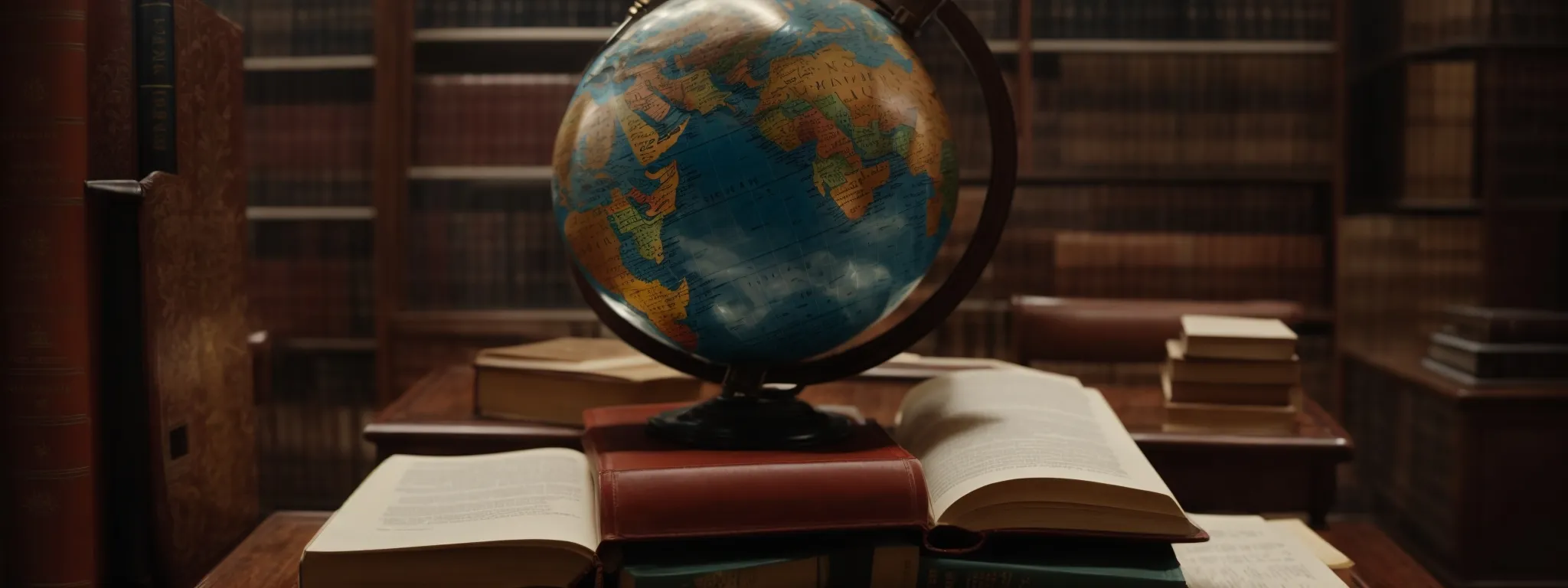 a globe surrounded by legal books and contracts, emphasizing international law diversity.