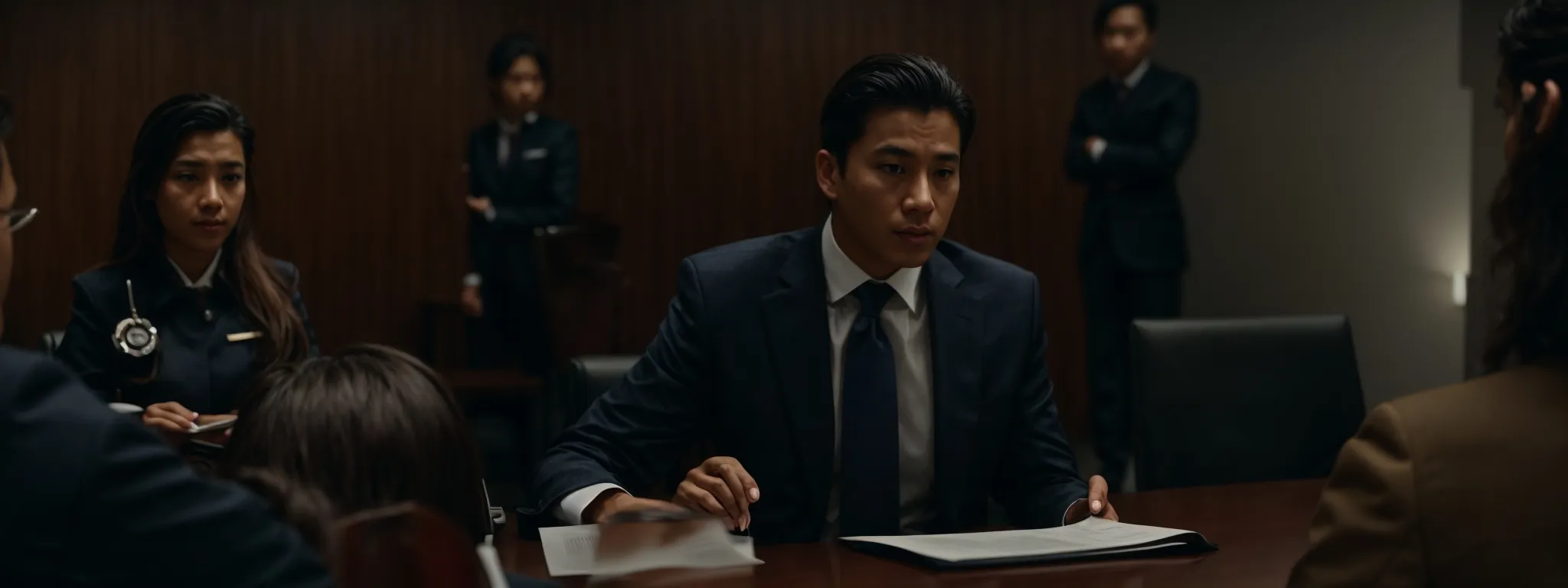a tense meeting room scene where an individual presents a document to a clearly displeased opposing party.