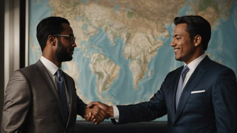 two attorneys shake hands in front of a global map, symbolizing international agreement.