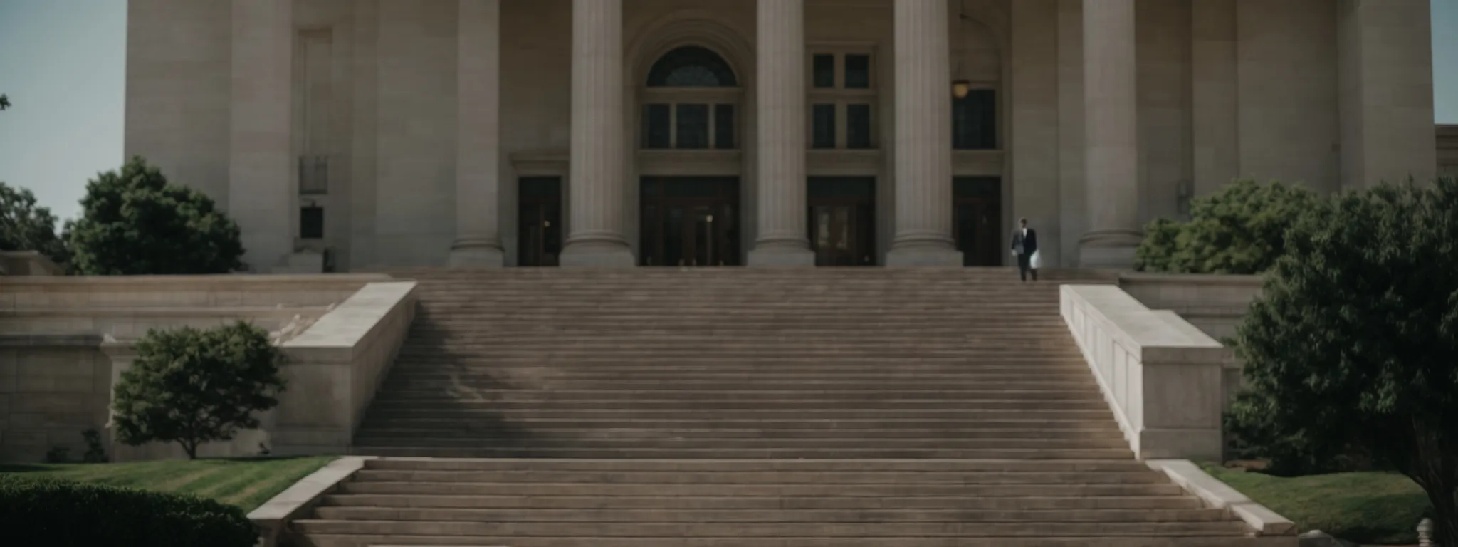 a lawyer walks up the steps of a grand courthouse, ready to present their case.
