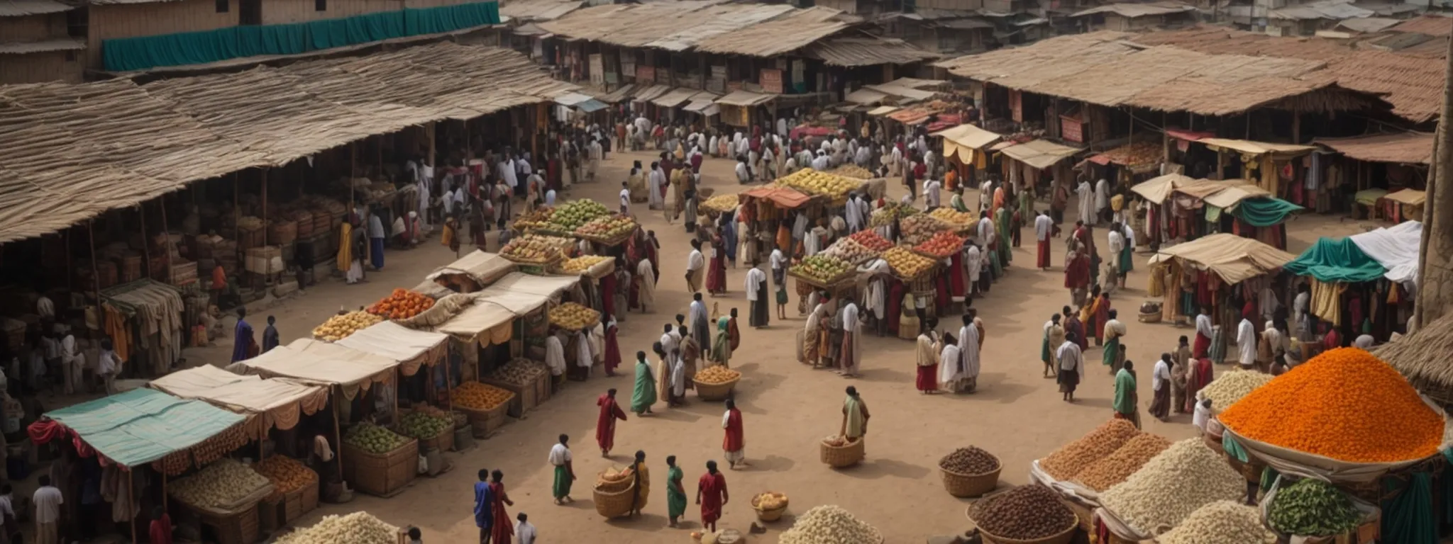 an aerial view of a bustling marketplace in india, showcasing diverse agricultural products.
