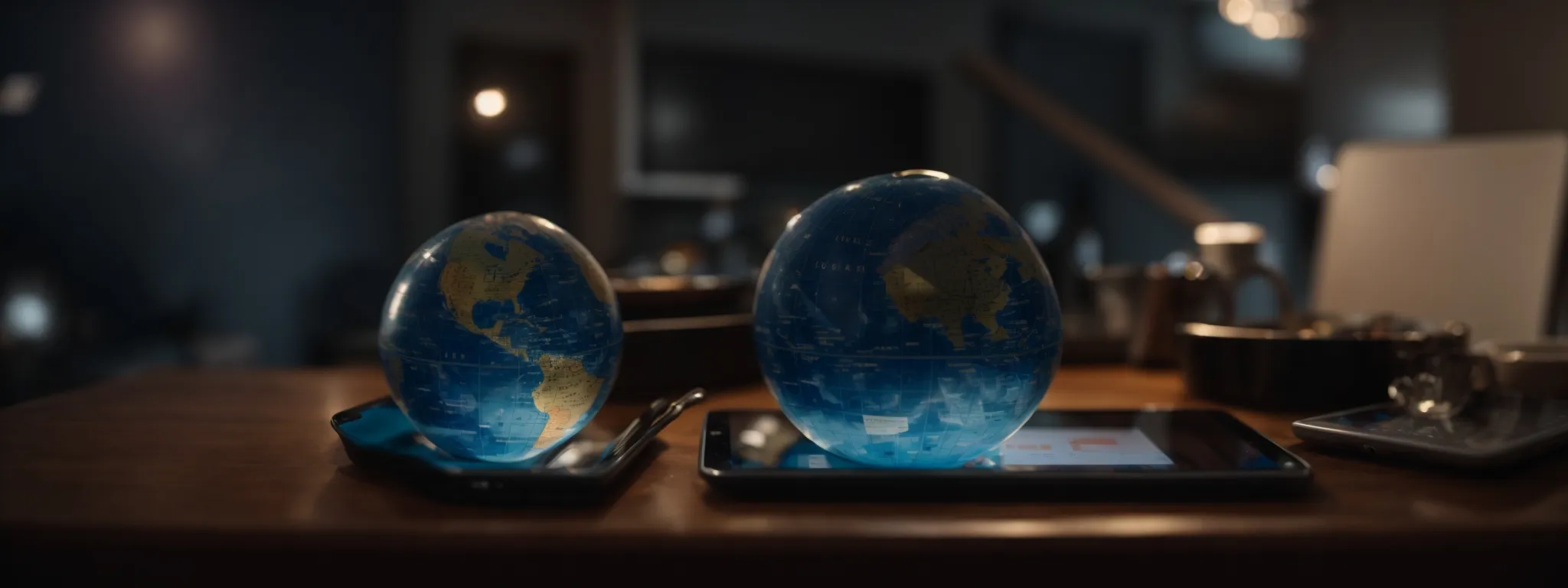 a globe resting on a digital tablet, with symbolic trade and digital icons orbiting around it.