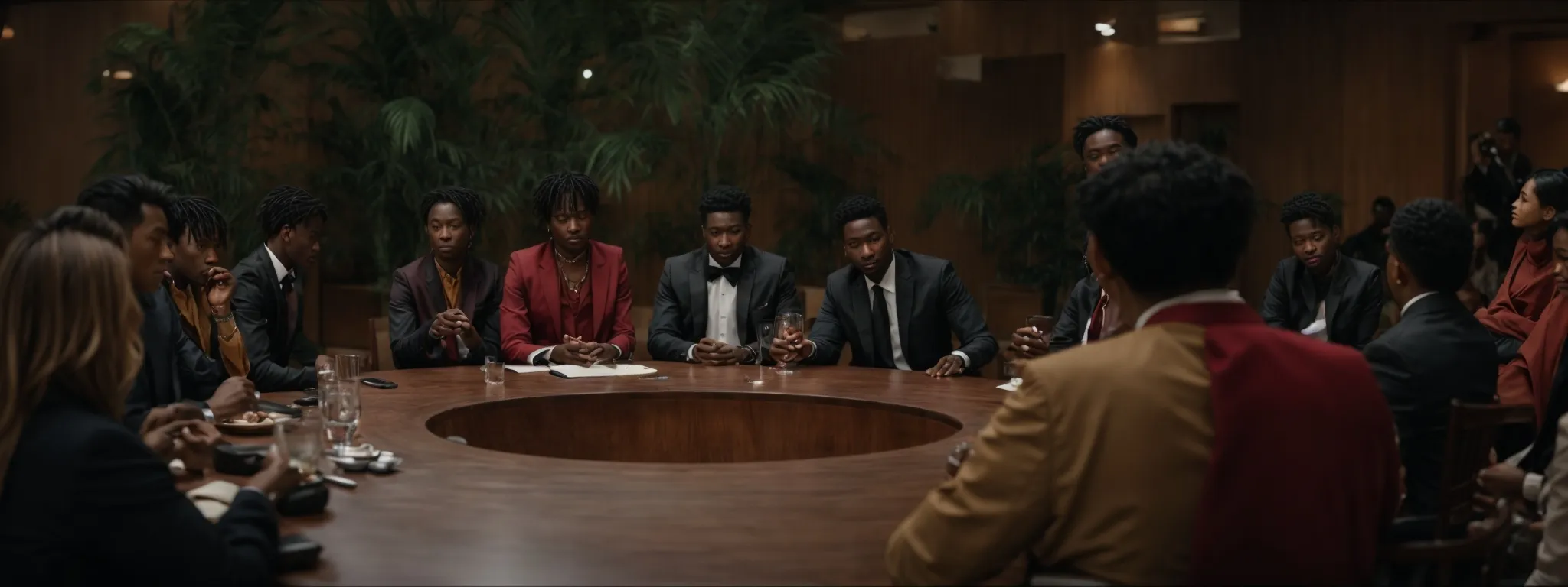 a diverse group of individuals from around the world sitting around a large, circular table engaged in a focused discussion.
