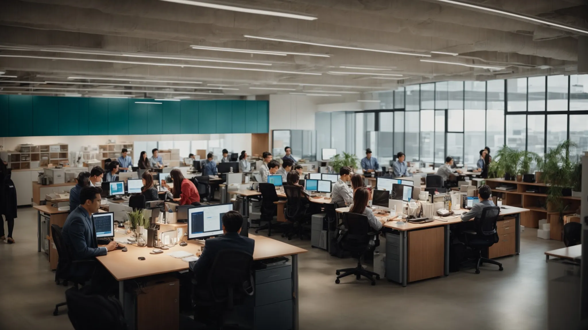 Bustling office environment with employees engaged in work at desks, reflecting a dynamic workplace atmosphere amid evolving employment regulations.