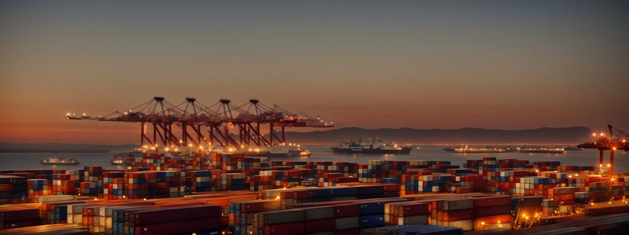 containers being loaded onto a large cargo ship at sunset, highlighting the bustling activity of international trade ports.