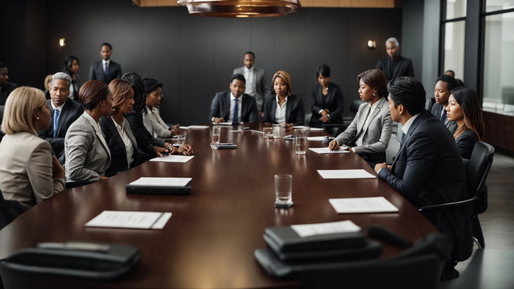 Diverse group of business professionals in a conference room discussing strategies, reflecting enhanced employee mobility and innovation post-FTC ban on non-compete clauses.