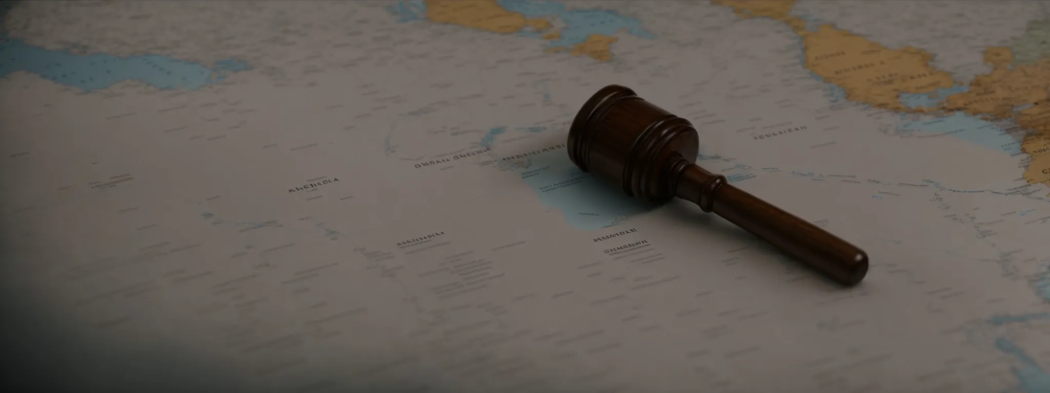 a gavel lying on a mound of legal documents with a blurred global map in the background.