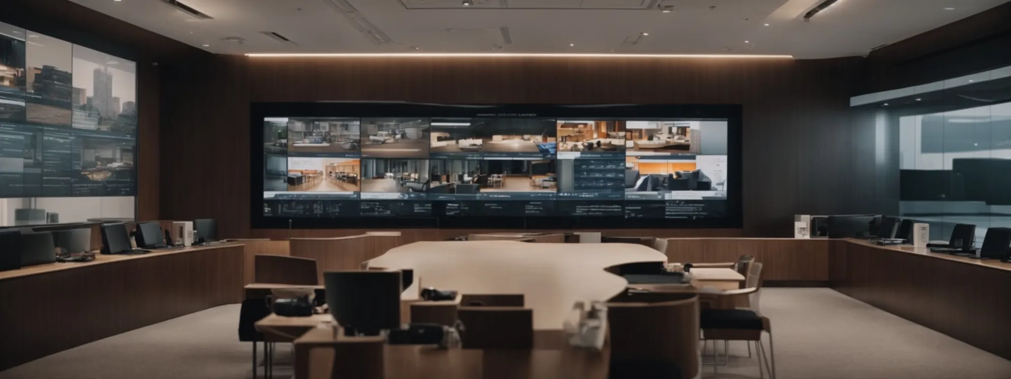 a streamlined, modern arbitration room with large screens displaying digital documents to enhance Transparency In International Arbitration