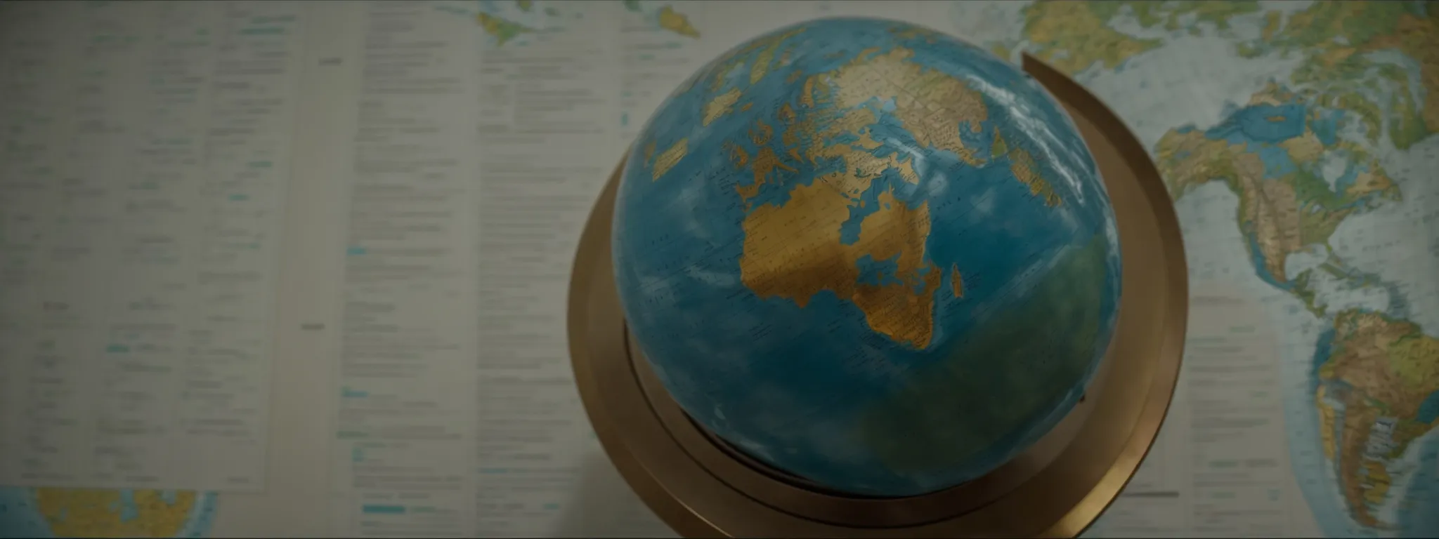 a globe centered on a table surrounded by charts and graphs highlighting economic and political regions.