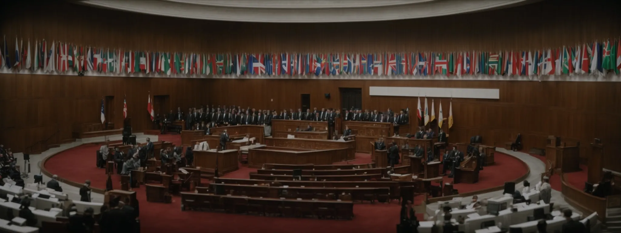 a grand courtroom with flags from multiple countries, indicating a global assembly.